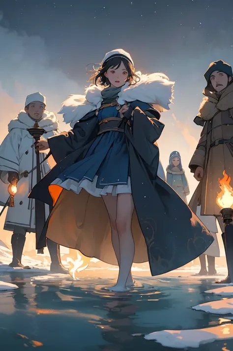 Create a masterpiece, a highest-quality illustration of a group of villagers in a very low angle view, set against the dark night of the Arctic tundra. Capture a stunning blue and orange gradient atmosphere in the sky. The villagers are lighting their torc...