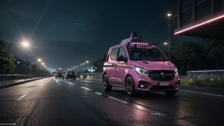 a futuristic self-driving arafed truck on a highway with a vibrant pink laser beam projected on the road, advanced highway infrastructure, forward-looking perspective, photorealistic 3D rendering, stylized illustration, smart transportation design, dynamic...