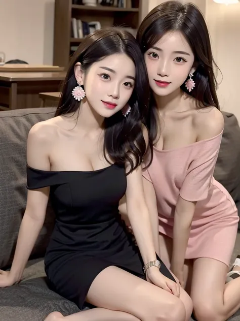 （2 girls）、17-year-old female、Beauty、Dark-haired、clothing（Black off-the-shoulder dress、Casual enough to see underwear） Very slim figure,,,,,、Very slim leganicure、earrings、Pink Lips、photo、lifelike、Sexual、Top quality、adoption、Delicate face、Detailed background...