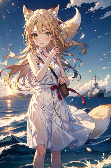 Irohaisshiki, isshiki iroha,Long Hair, Brown Hair, (Brown eyes:1.5), happy smile, smile, Open your mouth,animal(Fox Ears,Fox tail),Yellow sleeveless dress,Yellow long skirt,Cute Sandals,Carrier,background（Ships at anchor）,port,My hair is blowing in the win...