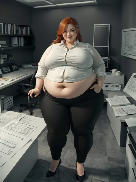 A happy and excited photo of a Beautiful ginger architect SSBBW, with long wavy light Brownish-ginger hair, with big soft fat belly, thicc fat arms, thicc wide legs, big breast, in long gray pants, long black shirt tucked in her pants, black belt, blach el...