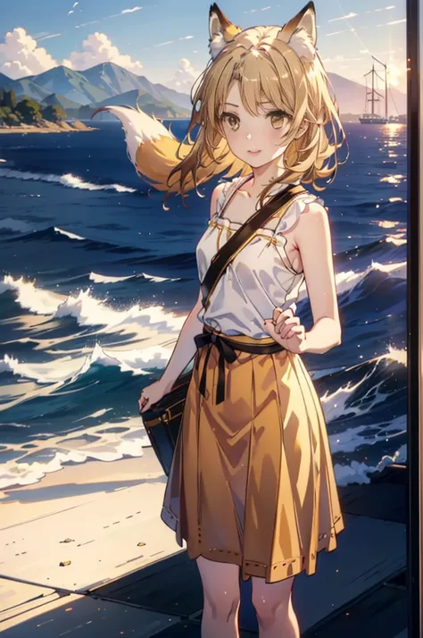 Irohaisshiki, isshiki iroha,Long Hair, Brown Hair, (Brown eyes:1.5), happy smile, smile, Open your mouth,animal(Fox Ears,Fox tail),Yellow sleeveless dress,Yellow long skirt,Cute Sandals,Carrier,background（Ships at anchor）,port,My hair is blowing in the win...