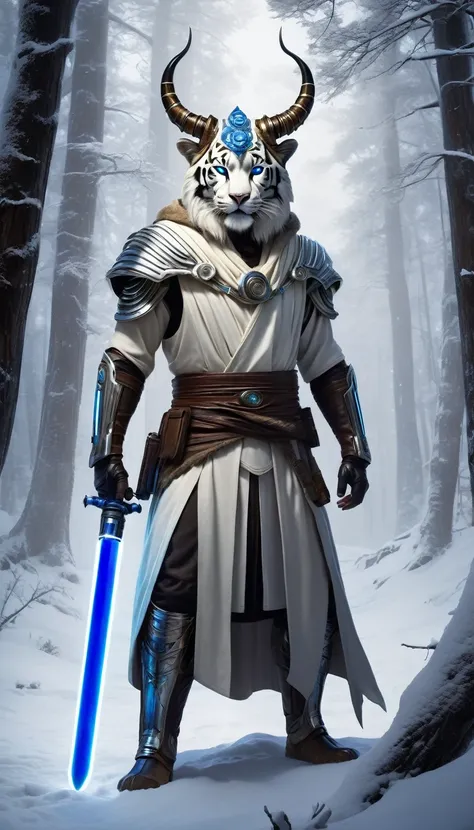 A majestic smilodon x human hybrid Jedi Knight, standing tall and poised in the midst of a serene yet starkly contrasting snowy forest. This unique being has the robust body of a saber-toothed tiger, complete with a thick white fur coat that blends seamles...