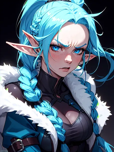 ((Portrait)), She has a Robust and Muscular Half-Elf Appearance, with Large Breasts and Light Blue Eyes. She has a Fiery Temper with a Angry Expression and Scowl. Her Hair is Long, in Light Blue Tone, styled in a Huge, High Braided Ponytail, with Slim Stra...