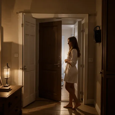 Lucie en robe devant la porte d une maison pendant la nuit