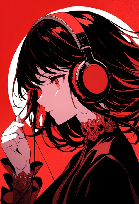 anime girl in red theme listening music 