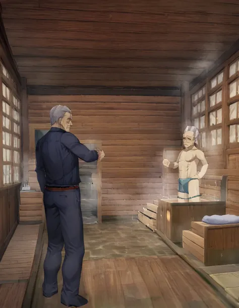 draw a large sauna with an old man standing