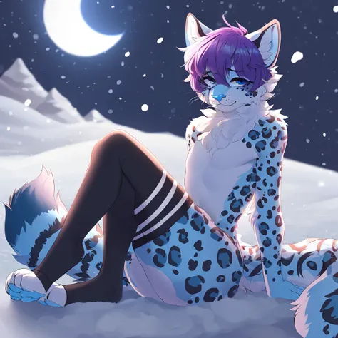 adult, feline, mammal, anthro, anthromorphic, snow, leopard, striped_feline, fur, furred_anthro, fluffy_tail. femboy, male, bangs, ear_tufts, blue_nose, blue_fingers, hair_tuft, hair_between_eyes, short_tail, fluffy, feline_ears, expressive_eyes, purple_ha...