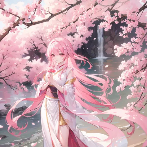 Pink straight hair，Wearing pale pink Han national costume，Holding a branch of cherry blossoms，background, Beautiful cherry blossom trees are in full bloom，She is a kind person, cute, Slender and cute girl