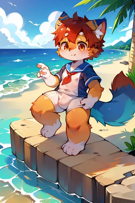 Red Panda Boy，Ocean，Sailor suit standing on feet，Two legs，cute