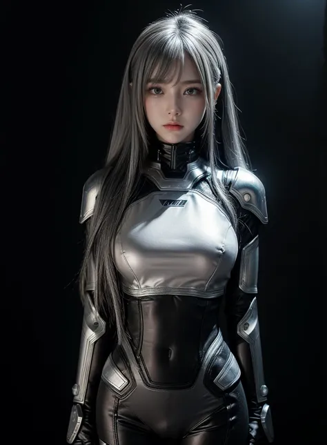 cyber angel,machine wing,laser sword,{{Sci-Fi Armor}},cyber suit,cyberpunk,science fiction,cyber battle armor,Battledress,Military Uniforms,pants,black military uniform,whole body,Height: 168cm,almond shape eyes,{{{{{silver eyes}}}}},{{{{{dull bangs}}}}},(...