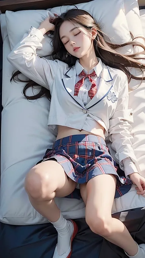 8K、RAW Photos、Highest quality、Super detailed、Super Resolution、Ultra HD、8K壁紙、Amazing details blazer uniform girl ((White blouse with formal collar, Blue Blazer, 
Red Check Skirt, Red checkered ribbon on blouse)), Complete limbs, Full Finger, 
(((A woman is ...