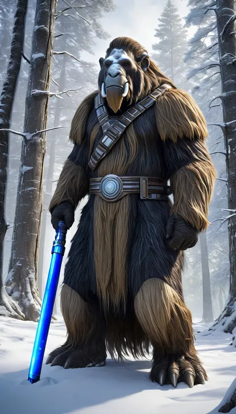 An awe-inspiring mammoth-human hybrid, clad in a Jedi knights attire, standing tall and majestic in the heart of a snowy forest. The creatures fur is a blend of rich earthy tones, with a thick layer of white atop its head and shoulders, mirroring the fresh...