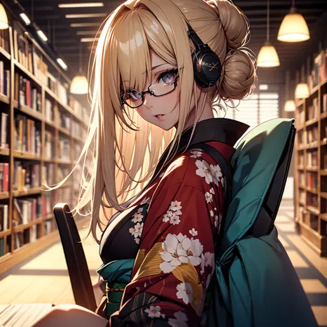 (1girl:1.3), Masterpiece, Best quality, amazing beauty, [[3D]], 4K, absurdres, finely detail, super detailed eye, perfect anatomy, official art, cinematic lighting, BREAK, Library, silky long hair, hair bun, blonde, super shiny detailed black eye, big eyes...