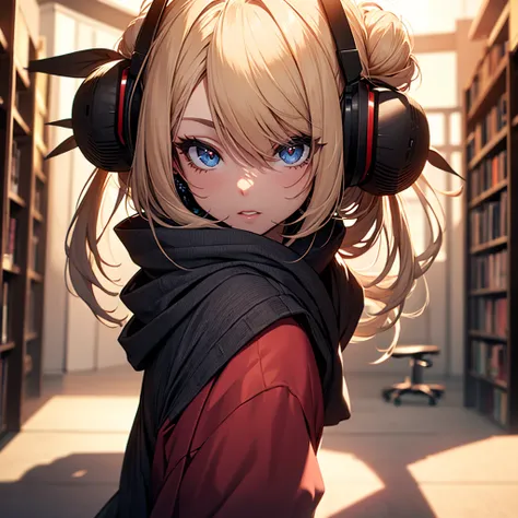 (1girl:1.3), Masterpiece, Best quality, amazing beauty, [[3D]], 4K, absurdres, finely detail, super detailed eye, perfect anatomy, official art, cinematic lighting, BREAK, Library, silky long hair, hair bun, blonde, super shiny detailed black eye, big eyes...