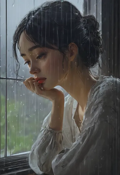 masterpiece, high-quality, a beautiful woman, resting her chin on her hands and looking out the window, humid and sweating, listless look, a little dark room, Its raining outside the window