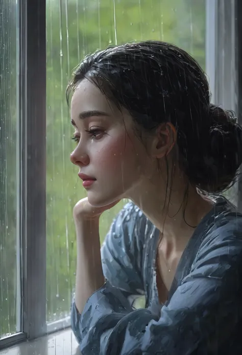 masterpiece, high-quality, a beautiful woman, resting her chin on her hands and looking out the window, humid and sweating, listless look, a little dark room, Its raining outside the window