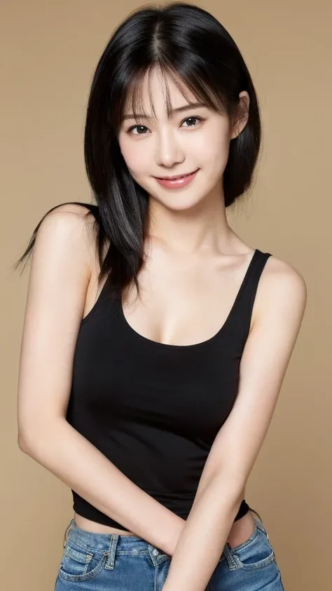 （real， High resolution：1.3）， One girl with a perfect body， Very beautiful face and eyes，Long black hair， smile,　White tank top：1.2， Short jeans，22 years old,Japanese,cute,Japaneseのかわいらしい女の子,Simple Background,high resolution,