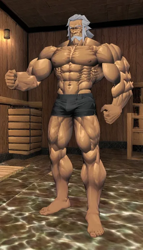 Draw a large sauna room with an old man standing with his abs well developed，Muscles are wide。The legs are big，Black shorts。Huge arm muscles。Like a giant。