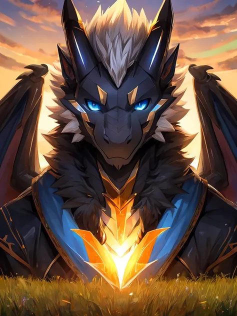 a highly detailed portrait of a mature masculine black dragon with striking blue eyes, set against a serene golden sunset over a grassy meadow, the dragons face scarred and its left ear missing, its white fur soft and luminous, exuding an air of intelligen...