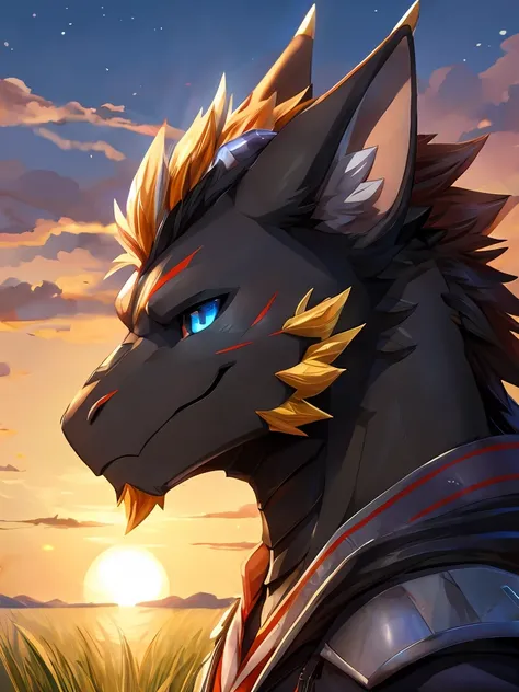 a highly detailed portrait of a mature masculine black dragon with striking blue eyes, set against a serene golden sunset over a grassy meadow, the dragons face scarred and its left ear missing, its white fur soft and luminous, exuding an air of intelligen...