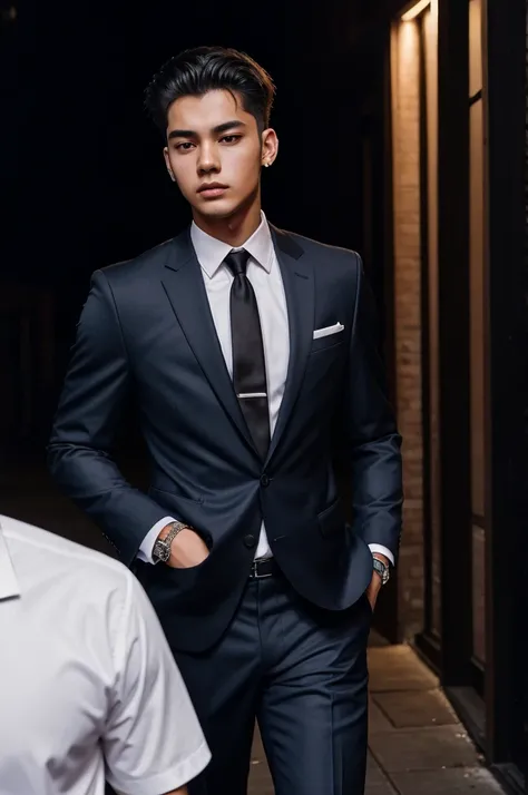 21 years old guy full gangster look in suit slim body  blood spots on shirt and face dark background liw light night time