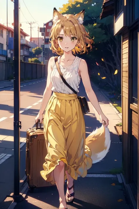 Irohaisshiki, isshiki iroha,Short Hair, Brown Hair, (Brown eyes:1.5), happy smile, smile, Open your mouth,animal(Fox Ears,Fox tail),Yellow sleeveless dress,Yellow long skirt,Cute Sandals,Push-type suitcase,background（Ships at anchor）,port,My hair is blowin...