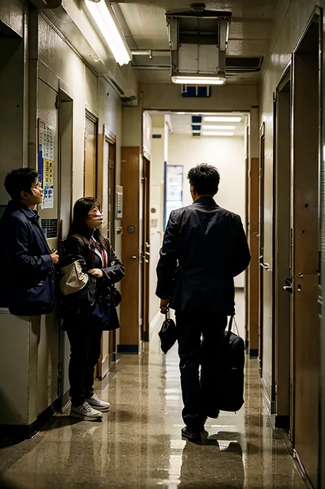 A realistic poster, a korean male student facing a group of delinquent students alone, realictic image, blurry background, in the hallway school, korean school, best image:2, best quality:2