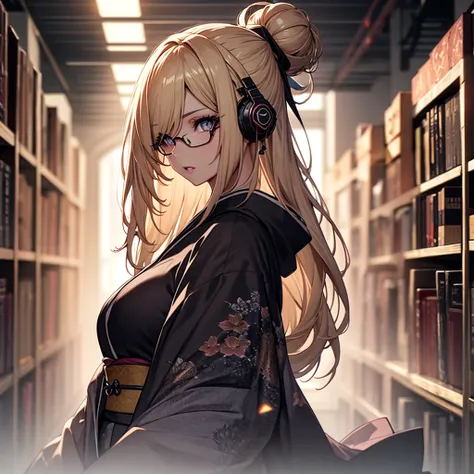 (1girl:1.3), Masterpiece, Best quality, amazing beauty, [[3D]], 4K, absurdres, finely detail, super detailed eye, perfect anatomy, official art, cinematic lighting, BREAK, Library, silky long hair, hair bun, blonde, super shiny detailed black eye, big eyes...