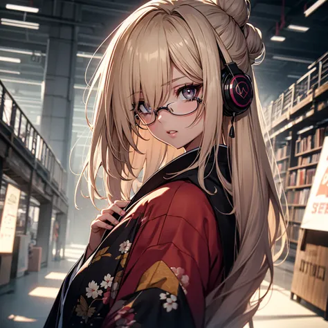 (1girl:1.3), Masterpiece, Best quality, amazing beauty, [[3D]], 4K, absurdres, finely detail, super detailed eye, perfect anatomy, official art, cinematic lighting, BREAK, Library, silky long hair, hair bun, blonde, super shiny detailed black eye, big eyes...