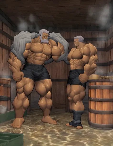 Draw a large sauna with an old man standing with his muscles wide。The legs are big，Black shorts。Huge arm muscles。Like a giant。Big abdominal muscles。Very wide thighs。The whole body is full of swollen and developed muscles。