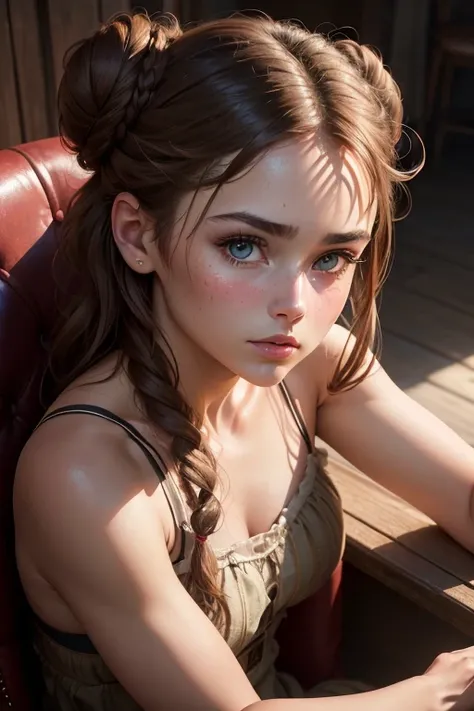 8K,Best quality, masterpiece, ultra high res, (photorealistic:1.4), raw photo, (Authentic skin texture:1.3), (film grain:1.3), (selfie angle),1girl, one bun hairstyle, brown hair, sitting, chair, bored, hand supporting chin, beautiful detailed eyes and fac...