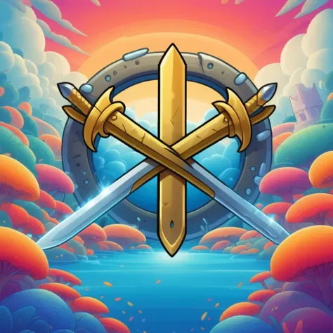 symbol, crossed sword , mobile game art, banner, detailed game art, stylized game art, game illustration, splash screen art, ful...