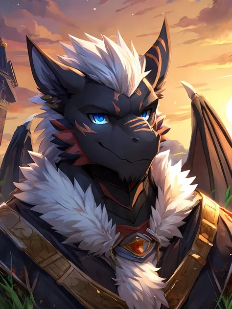 A richly detailed portrait，Depicts a mature male black dragon with striking blue eyes, on the grass，The quiet golden sunset, Dragon has scars on his face，The left ear is missing, its white fur soft and luminous, Exudes wisdom and handsomeness, Pay great at...