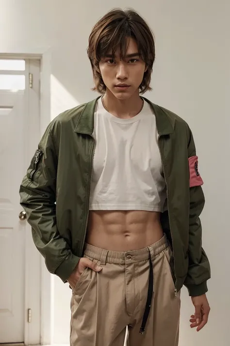 This boy named Taehoon has short light brown hair cut in a mullet style with bangs. He has fair skin and a muscular body. Her brown eyes have long lashes, and her lips are painted a feminine shade of pink. He is very tall and has very long legs. His clothi...