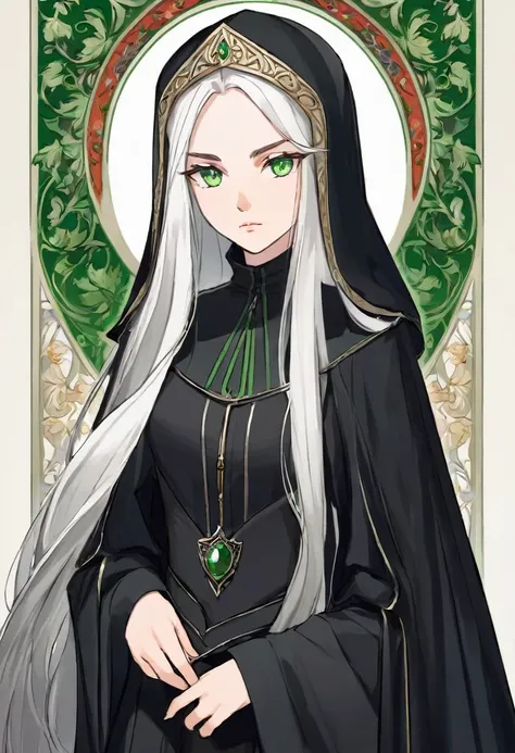 Woman with long white hair/ green eyes / with an arrogant look/ serious traits/ modest medieval black clothing.