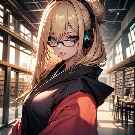 (1girl:1.3), Masterpiece, Best quality, amazing beauty, [[3D]], 4K, absurdres, finely detail, super detailed eye, perfect anatomy, official art, cinematic lighting, BREAK, Library, silky long hair, hair bun, blonde, super shiny detailed black eye, big eyes...