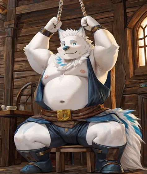 Husky Orc，Blue eyes，White long hair，Smaller body size，Dressed in antique clothes，A long sword hangs from his waist，The sword has not yet come out，Sitting on a chair in front of the inn