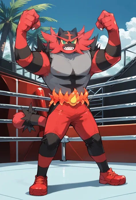 inceroar, transparent background, outdoors, clenched teeth, tree, clenched hands, no humans, smile, wrestling ring