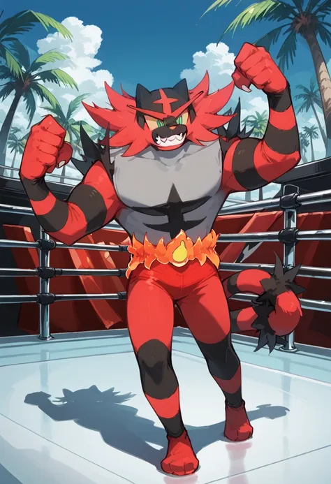 inceroar, transparent background, outdoors, clenched teeth, tree, clenched hands, no humans, smile, wrestling ring