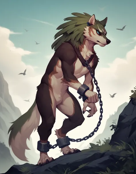 score_9, score_8_up, score_7_up, solo,
 wlflnk, animal focus, anthro, full body, furry, furry male,
scenery, broken chain attach...