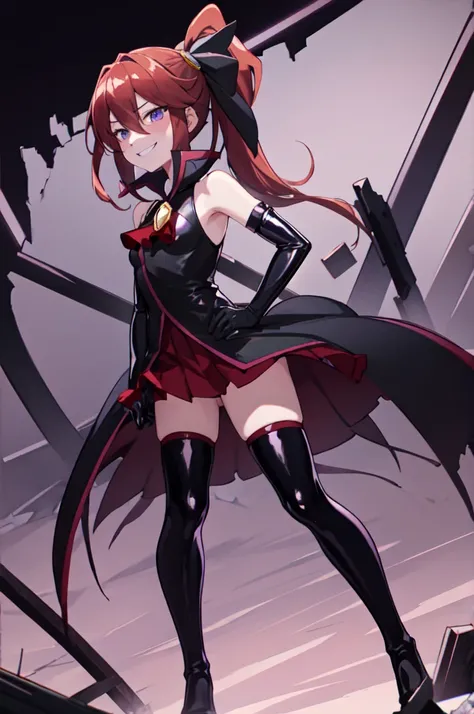 Highest quality, masterpiece, One Girl,Not beautiful, Red Ponytail, Long dress, brooch, Hair Ribbon, - Elbow hand pockets, Black knee socks, Standing on the rubble,  (Wicked Smile:1.1), ,,Dark shadowed face,Sadistic smile,Malice,Contempt,smile,latex,Bad fa...