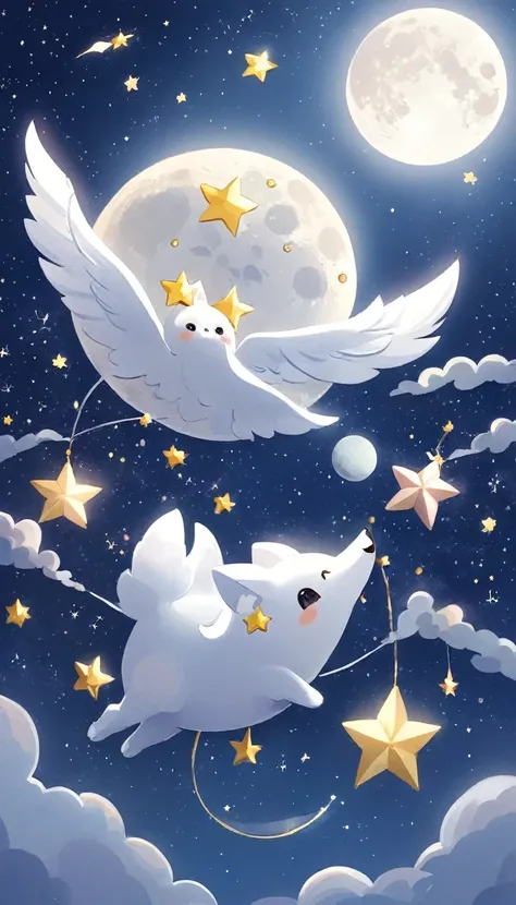 Close-up shot of cartoon characters flying in the sky, a storybook illustration by Ni Duan, tumblr, Digital art, cute Digital art, cute illustration, in the moon, Lovely digital painting, the Moon and stars, dreamy illustration, illustration, to the moon, ...