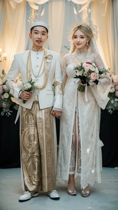 bride and groom in traditional robot clothes standing in front of the stage, couple, beautiful couple, wearing robot clothes, ha...