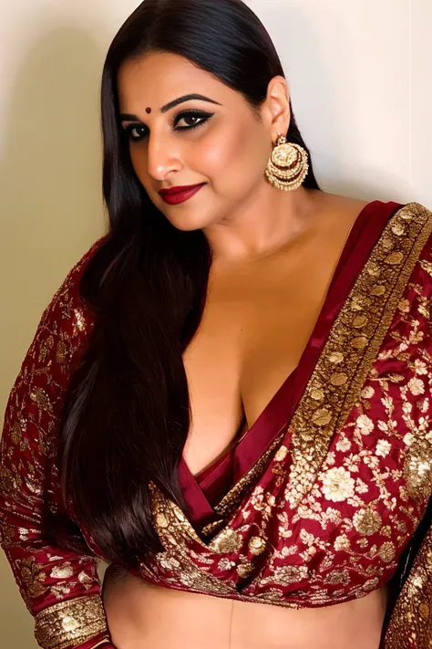 visualize an alluring artwork featuring a character reminiscent of vidya balan, embodying a confident, plus-size milf exhibition...