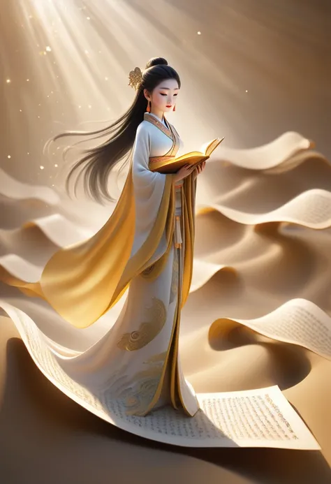 illustration, Dunhuang art style, Shoot at extremely long distances, A mysterious little person, Wearing traditional silk dress, Standing on an old soft scroll with golden ancient texts, Zen style, Bright Star, Light and Shadow, Ancient White, epic, Extrem...