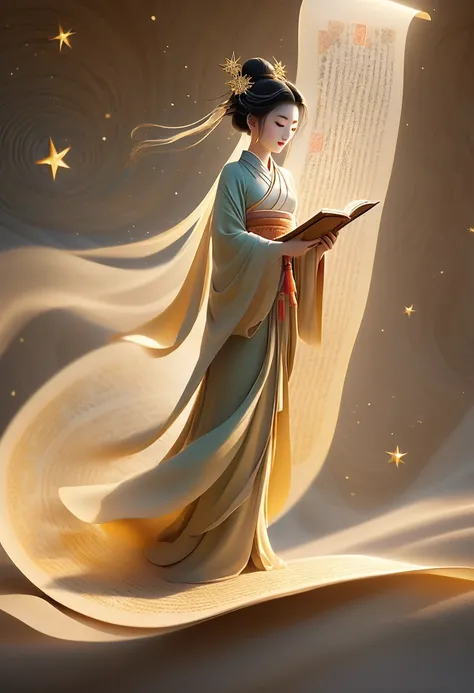 illustration, Dunhuang art style, Shoot at extremely long distances, A mysterious little person, Wearing traditional silk dress, Standing on an old soft scroll with golden ancient texts, Zen style, Bright Star, Light and Shadow, Ancient White, epic, Extrem...