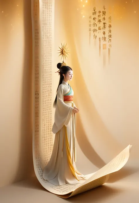 illustration, Dunhuang art style, Shoot at extremely long distances, A mysterious little person, Wearing traditional silk dress, Standing on an old soft scroll with golden ancient texts, Zen style, Bright Star, Light and Shadow, Ancient White, epic, Extrem...