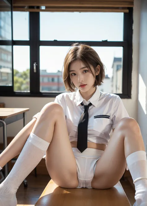 NSFW (new south wales),(In 8K、top quality、masterpiece:1.2)、(realistic、photorealistic:1.incredibly cute girl、18 years、sit on、(((white panties)))、(((open your legs)))、solo、classroom、View viewers、(Sit:1.5)、At school、I think its going to explode、beautiful beau...