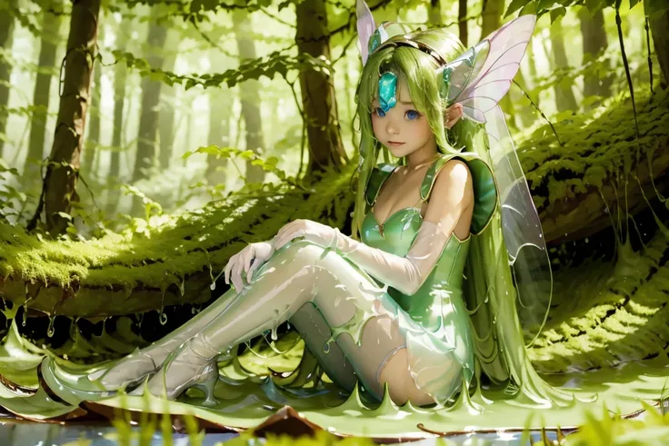 a fairy sitting neaby the lake, slime, creepy forest